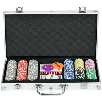 Image of SPORTNOW 300 Piece Poker Chips Set with Aluminium Case, Casino Texas Holdem Mat, 11.5g Numbered Chips, Two Decks of Cards, Dealer, Five Dices