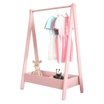 Image of URBNLIVING Kids Wooden Hanging Dress Up Clothes Rail Rack Display Stand Extra Storage Shelf (Pink)