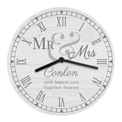 Image of CalEli Gifts Personalised Mr and Mrs Wooden Clock. Newlyweds Gift