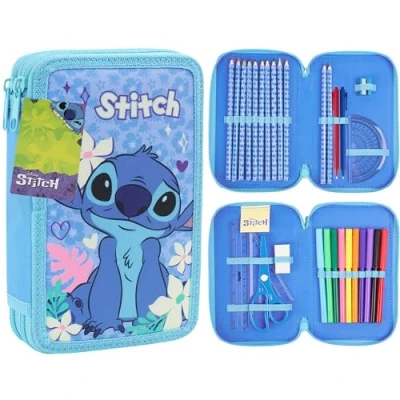 Image of Disney Stitch Pencil Case for Girls Filled with School Supplies, Large Capacity Frozen Colouring Stationery Set Kids Tweens, Gifts (Blue 2 Compartment)