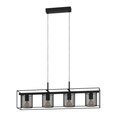 Image of Eglo Pendant Lighting Catterick, 4 lamp Ceiling Light Fitting in Industrial Design, Rectangular Hanging for Dining and Living Room, Black Metal mesh, E27 Socket