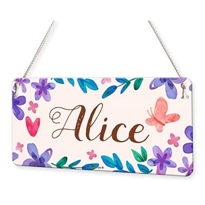 Image of Beenanas Watercolour Flowers and Butterfly Personalised Childs Bedroom Door Sign Name Plaque