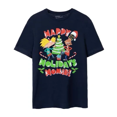 Image of Hey Arnold! Mens Christmas T Shirt Happy Holiday Homie Adults Short Sleeve Graphic Tee Navy Nostalgic 90&#039;s Xmas Apparel Crewneck Top Festive Classic Cartoon Merchandise Gift for Him