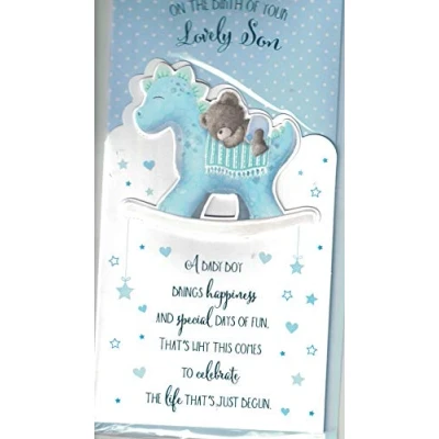 Image of prelude New Baby Boy Card On The Birth Of Your Lovely Son Rocking Horse Slim Size 23cm x 14cm.
