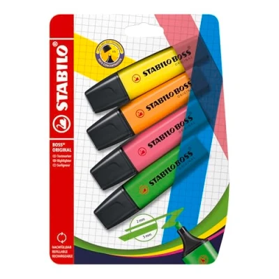 Image of Highlighter STABILO BOSS ORIGINAL Pack of 4 Green, Pink, Orange, Yellow