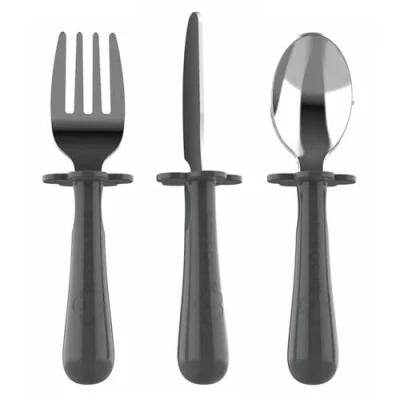 Image of Grabease Toddler Silverware Set Forks Spoons and Knives Utensils Feeding Supplies, BPA Phthalates Free, Dishwasher Safe, Gray