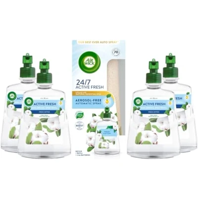 Image of Air Wick Aerosol Free Automatic freshener Spray Kit + 4 Refills, Fresh Cotton, 228ml, 24x7 Active Odour Neutraliser, For Home