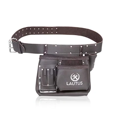 Image of LAUTUS 5 Pocket Oil Tanned Tool Belt/Pouch/Bag/Apron Carpenter, Construction, Framers, Handyman, Electrician 32 Inch to 46 Brown Hammer Holder Built Tough