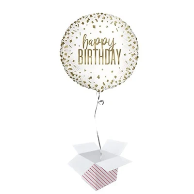 Image of Confetti Gold Birthday Round Foil Helium Balloon Inflated in a Box