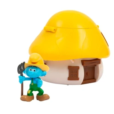 Image of The Smurfs, 5.5cm Farmer Smurf and Yellow Roof House, Rechargeable Mechanism with Surprise Confetti Effect, Ages 3+, Collect All 6 Colourful House