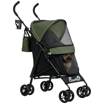 Image of PawHut Pet Stroller for Miniature Dogs, Foldable Dog Lightweight &amp; Portable with Shoulder Strap, 4 Wheels Umbrella Structure Pram Storage Bag Cup Holder, Dark Green