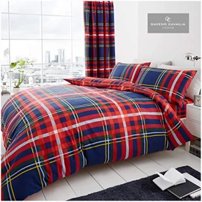 Image of Gaveno Cavailia Luxury NEWTON TARTAN CHECK Bed Set with Duvet Cover and Pillow Case, Polyester Cotton, Navy, Super King,11134787