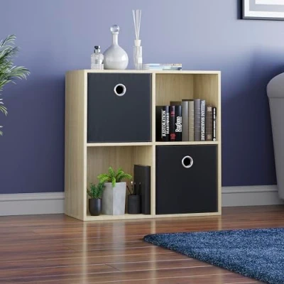 Image of Vida Designs Durham Cube Bookcase Storage Organiser Living Room Bookshelf Home Office Furniture (4 &amp; 2 Black Baskets, Oak)