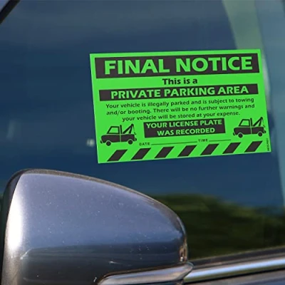 Image of 100 MESS Parking Violation Stickers Hard to Remove Final Notice Tow Warnings No Bad Super Sticky Warning for Towing Parked Cars 8x5 in, Green
