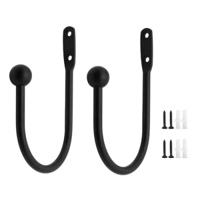 Image of Hitopin 2PCS Metal Curtain Holdback Hooks Decorative Drapery Holdbacks Round Head U Style Wall Mounted Tie Backs Hooks, for Fixed (Black)