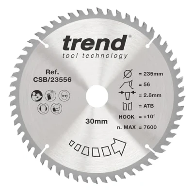 Image of Trend Wood Circular Saw Blade, 235mm Diameter, 30mm Bore, 56 Teeth, 2.8mm Kerf, +10 Hook, TCT, Extra Fine Finish, CSB/23556