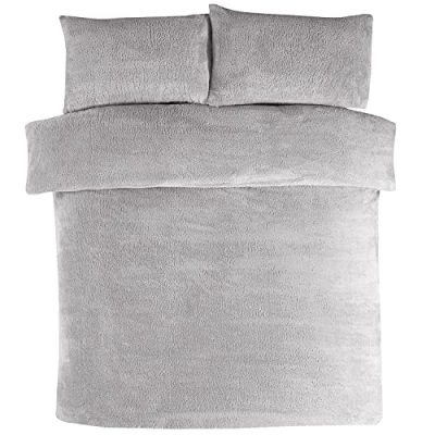 Image of Sleepdown Teddy Fleece Duvet Cover Quilt Bedding Set with Pillow Cases Thermal Warm Cosy Super Soft Double Grey