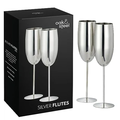Image of Oak &amp; Steel 2 Silver Stainless Champagne Glasses, 280 ml Shatterproof Glasses/Prosecco Glasses with Gift Box