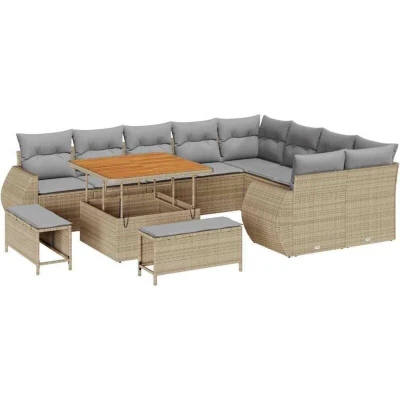 Image of vidaXL 12 Piece Garden Sofa Set with Cushions Beige Poly Rattan Acacia