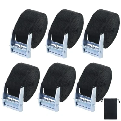 Image of 6 Pcs Ratchet Straps with 1 Drawstring Bag Set, Tie Down Straps, Adjustable Securing Buckles, Lashing Belts, Roof Rack for Motorcycle, Trucks, Luggage 2.5 * 200cm (Black)