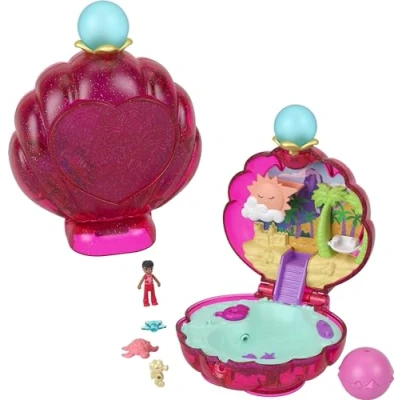 Image of Polly Pocket Dolls &amp; Accessories, Sparkle Beach Shell Compact with Micro Doll Ocean Pet, Travel Toy Water Play,