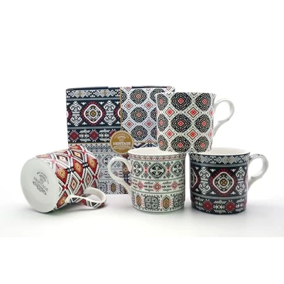Image of heritage FINE Bone China Set of 4 Mugs Gift Boxed Inca Design Free UK DELIVERY