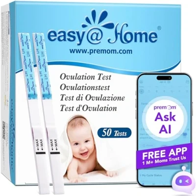 Image of Easy@Home 50 Ovulation Test Strips Width of 5mm Powered by Premom Predictor iOS and Android App