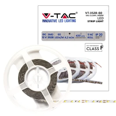 Image of V TAC Indoor LED Strip IP20 4.2 W 5 Metres Long SMD 3528 High Brightness 4000 K Natural White Light Strips Adhesive and Silicone Cover 12 Volt