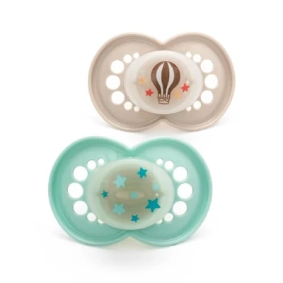 Image of MAM Rubber Latex Original Night Soothers 16 Months + (Pack of 2), Glow in The Dark Baby with Self Sterilising Travel Case, Newborn Essentials, Cream &amp; Blue, (Designs May Vary)