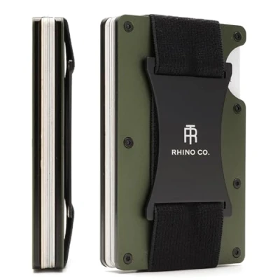 Image of RHINO CO. Minimalist Metal Wallet RFID Blocking Credit Card Holder with Cash Strap Slim, Secure, Small and Stylish (Olive Green)
