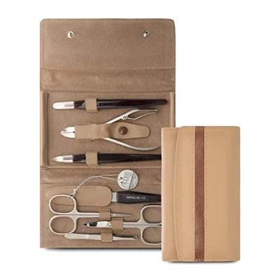 Image of nippes Solingen Premium Line Manicure Set Gap, 7 Pieces, Cowhide Leather Case with Press Closure, Contrast Stripes, Nail Care Set, Pedicure Manicure, Made in Germany
