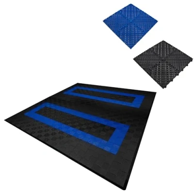 Image of Vented Modular Interlocking Flooring Tiles &amp; Edges 165 Black 60 Blue Double Garage Heavy Duty Floor Mat Showroom Workshop Outdoor Polypropylene Anti Slip Weather Resistant Drainage 6m x 36m2