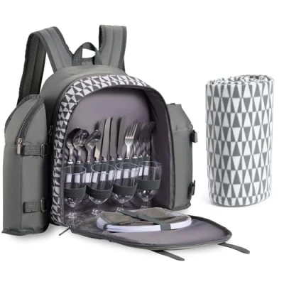 Image of VonShef Picnic Backpack, 4 Person Grey Bag with Full Dining &amp; Cutlery Set, Insulated Cooler Compartment Large Waterproof Blanket (4 Person)