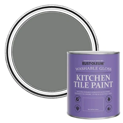 Image of Rust Oleum Grey Water Resistant Kitchen Tile Paint in Gloss Finish Torch 750ml