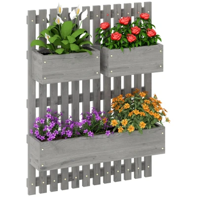 Image of Outsunny Wall mounted Wooden Garden Planters with Trellis, Drainage Holes and 3 Movable Planter Boxes, Raised Bed for Patio, Grey