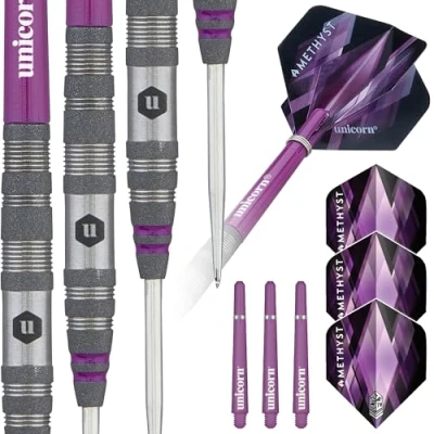 Image of Unicorn Professional Darts Set Amethyst 2 90% Natural Tungsten Barrels with Purple Accents &amp; Laser Etched U Logo Hallmark Steel Tip 21 g