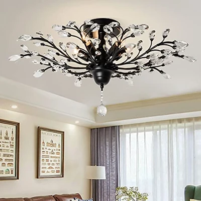 Image of Ganeed Vintage K9 Clear Crystal Chandeliers Ceiling Lighting,Pendant Lighting Flush Mounted Fixture for Living Room Dinning Restaurant Porch Hallway Black 5 Lighs