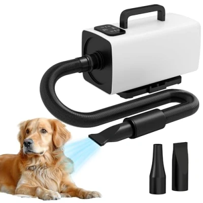 Image of PawHut Dog Hair Dryer with One Click Auto Adjustable Airflow and Temperature, 2200W Pet Grooming 3 Nozzles, Digital Screen, Air Blower Blaster for Dogs Cats, White