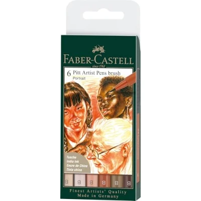 Image of Faber Castell Art &amp; Graphic India Ink Pitt Artist Pen Brush, Portrait, Wallet Of 6, For Art, Craft, Drawing, Sketching, Home, School, University, Colouring