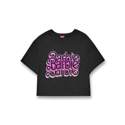 Image of Barbie Womens Crop T Shirt Grey Acid Wash Triple Logo Graphic Tee for Ladies Pink Retro Short Sleeved Fashion Top Doll Casual Movie Merchandise Gift Adults