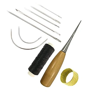 Image of tao pipe 10 Pieces Curved Upholstery Hand Sewing Needles with Leather Waxed Thread Cord Drilling Awl and Thimble for Repair
