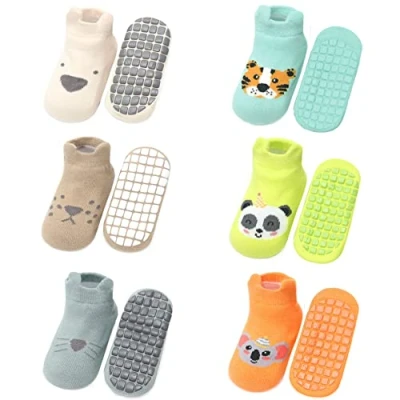 Image of FedMois 6 Pairs Baby Kids Anti slip Socks Cotton non skid Ankle Animals, 3 5 Years