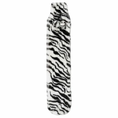 Image of Hodge and Extra Long Hot Water Bottle Faux Fur Cover Pom Poms 72cm (Zebra)