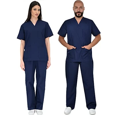 Image of B well Colombo Unisex Scrub Set, Slip On Tunic and Trousers Medical Doctor Uniform, Uniforms &amp; Scrubs, Work Wear, Thick Fabric Blue X Small