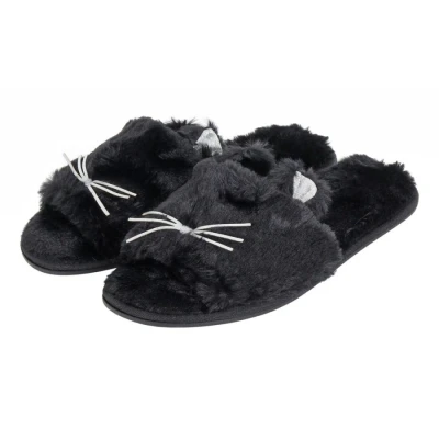 Image of Autumn Faith Ladies Sliders Kitty Cat Novelty Womens Slippers BlackFaux Fur Upper Silver Whiskers 3D Glitter Ears Non Slip Hard Sole 7 8 UK