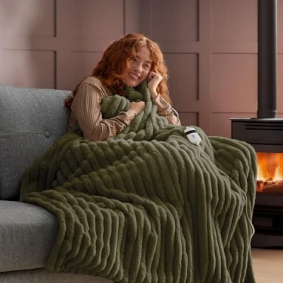 Image of Silentnight Luxury Faux Fur Ribbed Heated Throw Plush Electric Blanket for Sofa Bed with 9 Heat Settings, Fast up and Safety Shut Off Machine Washable 120x160cm, Olive Green