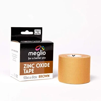 Image of Meglio Zinc Oxide Tape Strong Athletic Sports Strapping for Support &amp; Injury Recovery, Blister Prevention Tape, Ankle, Foot, Running, Rugby Climbing, Non Slip Grip (Brown) 5cm x 10m