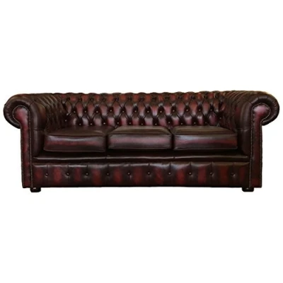 Image of Carpet Kingdom Chesterfield Genuine Leather Antique Oxblood Red Three Seater Sofa