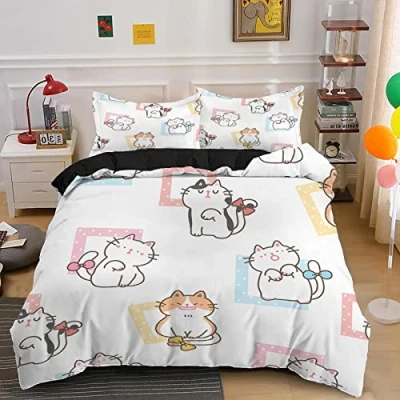 Image of ZZXHG Single Duvet Cover Set White Cute Cat, Soft Microfiber Bedding Bed for Boys Girls, Easy Care Reversible Quilt Covers with Zipper + 2 Pillowcases 50x75cm 135x200 cm