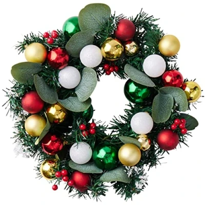Image of THE TWIDDLERS Christmas Door Wreath with Festive Colours Red Gold Baubles and Holly Berries Ornaments, 32cm Traditional Green White Frosted Winter Xmas Home Decorations